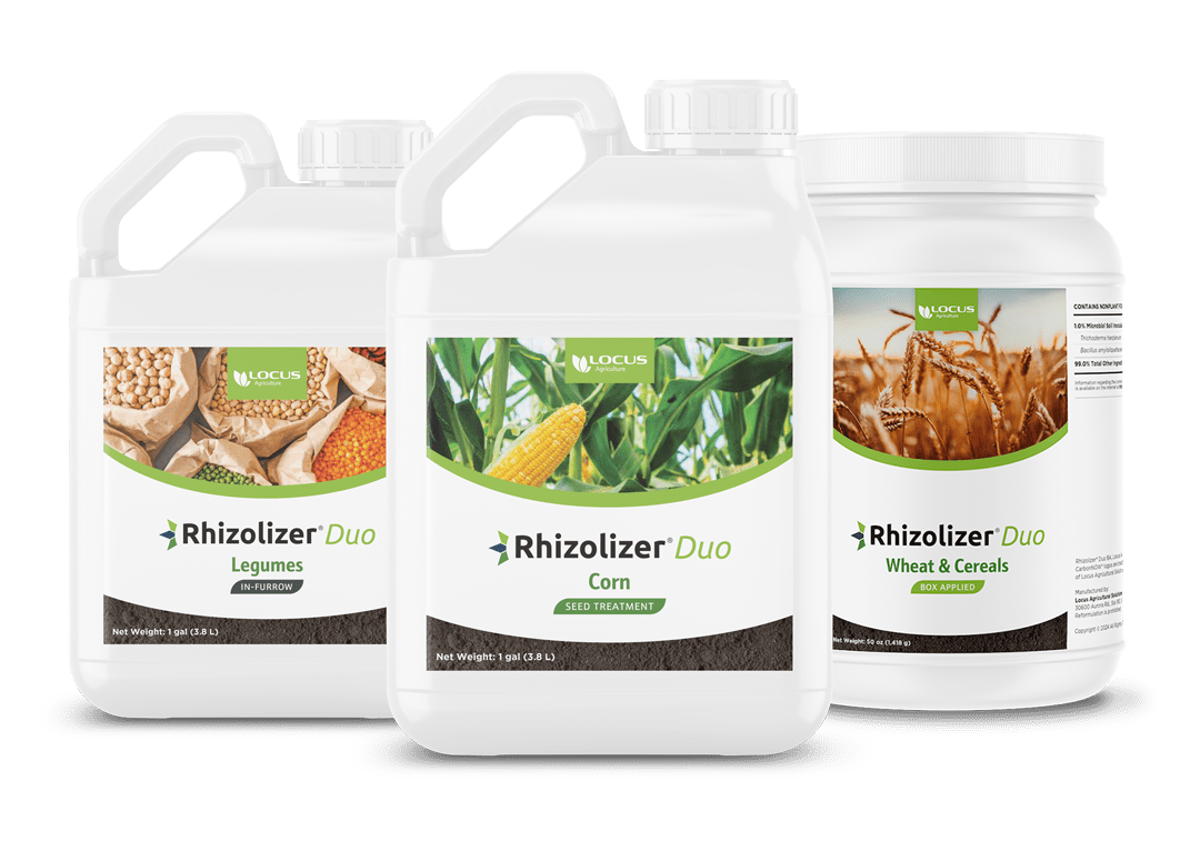 Rhizolizer Duo biologicals product line for row crops including corn, wheat, cereals, and legumes to improve root growth and nutrient uptake