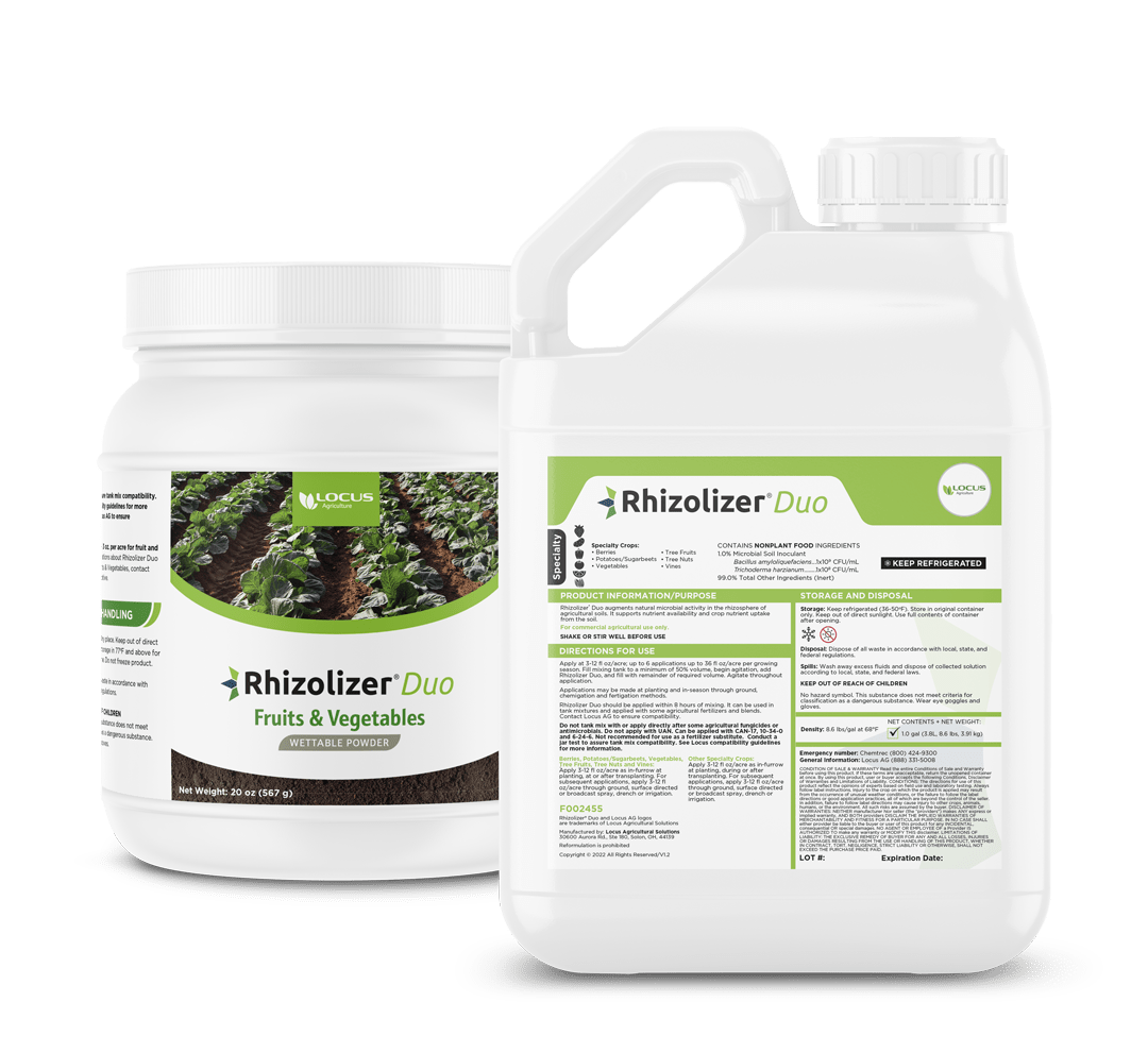 Rhizolizer Duo biologicals for specialty crops designed to improve root growth and nutrient uptake in fruits and vegetables